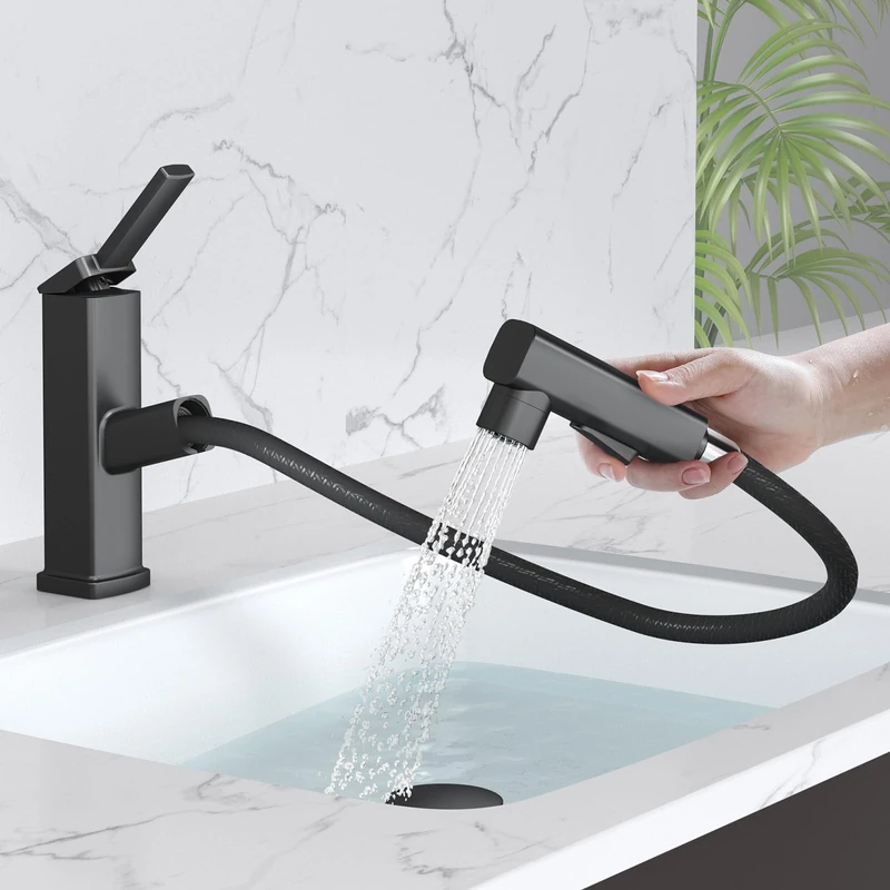 MIAOHUI Pull Out Single Hole Bathroom Faucet, 3 Spray Modes, Single Handle Bathroom Faucets for Basin, 1 Hole Basin Faucet with Pull Down Sprayer, Basin Faucet with, LMB002A