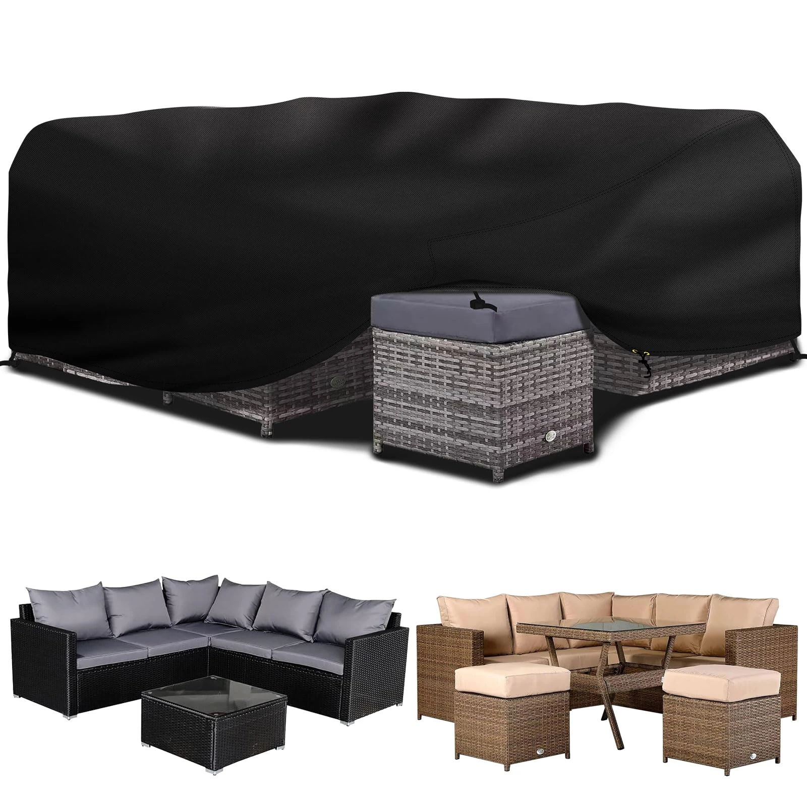 PATIO PLUS Garden Furniture Cover With PU Coating，Garden Table and Chairs Set Cover Waterproof，Windproof, Anti-UV, 600D Oxford Fabric Outdoor Patio Table Covers Rectangular 250x250x90cm Black