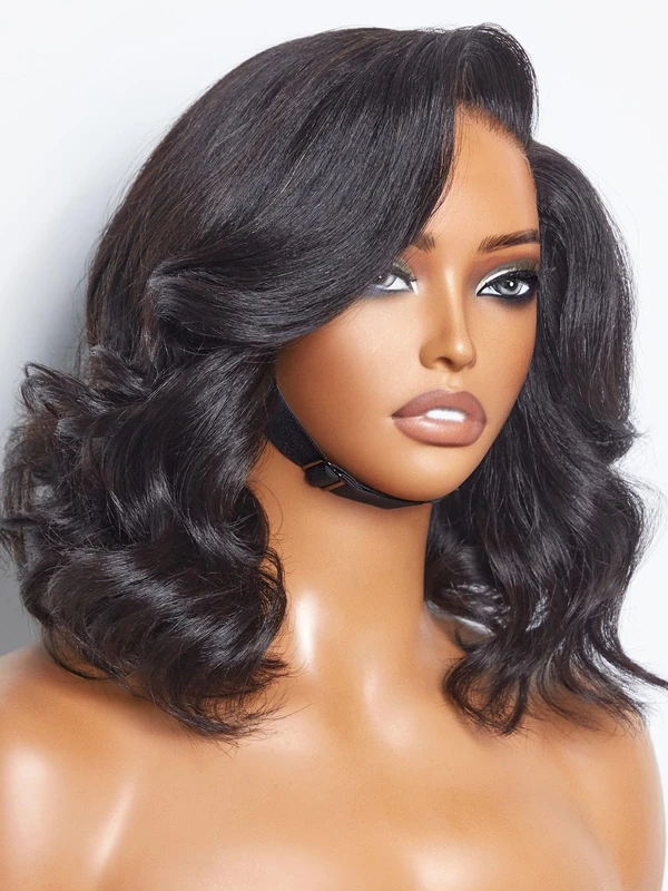 LUVME HAIR 12 Inch Light Yaki Loose Wave Wig Gorgeous Human Hair, Undetectable HD Lace Glueless Bob Wigs Human Hair Pre Plucked, Pre Cut Lace Wig Short Natural Black Wig