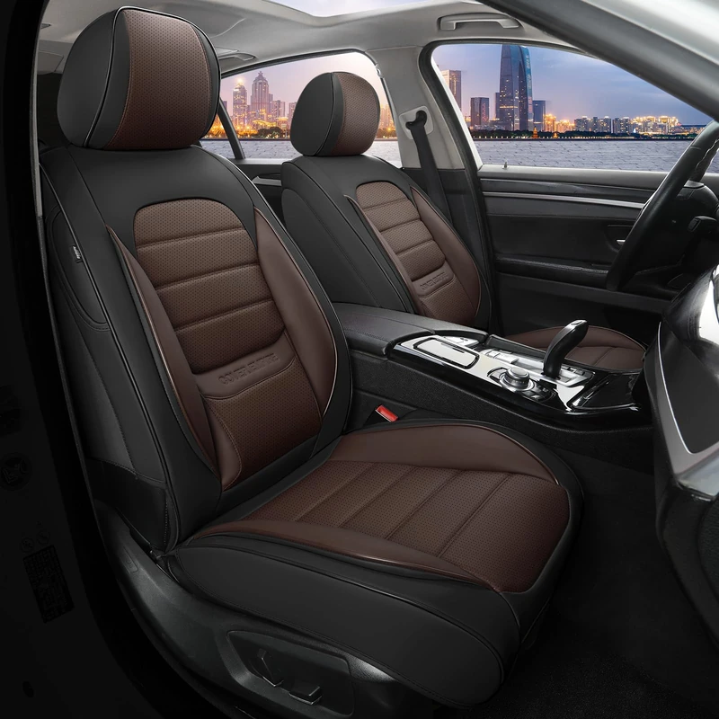 COVER EMPIRE Car Seat Covers Full Set, 5 Seats Universal Leather Car Accessories, Waterproof Front and Rear Seat Cover, Breathable Automotive Seat Cover for Most Sedans, Trucks, SUVs, Black&Brown