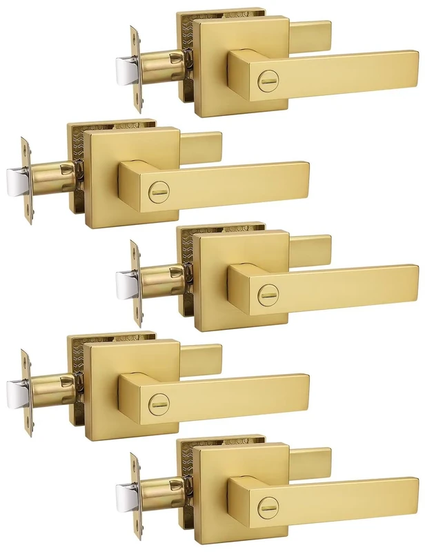 Tinewa 5 Pack Heavy Duty Gold Square Privacy Interior Door Levers Bedroom and Bathroom Door Handles Keyless Bed/Bath Lockset