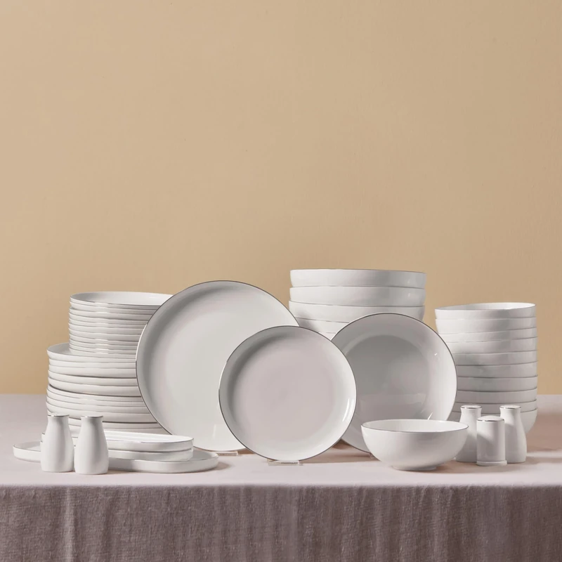 Karaca Streamline Favaro Platinum 56-Piece Tableware Set - Elegant Platinum Accent New Generation Bone for Sophisticated Table Arrangements and Versatile Use