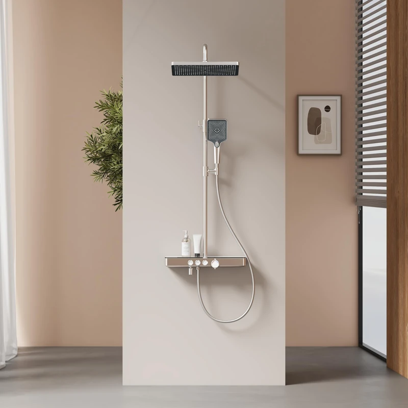 EMKE Shower Column with Thermostatic Mixer, Glass Shelves 45 x 13 cm, Hand Shower, 3 Jet Types, Rain Shower, Spout, Wall Mounted, Thermostatic Shower Column, Chrome