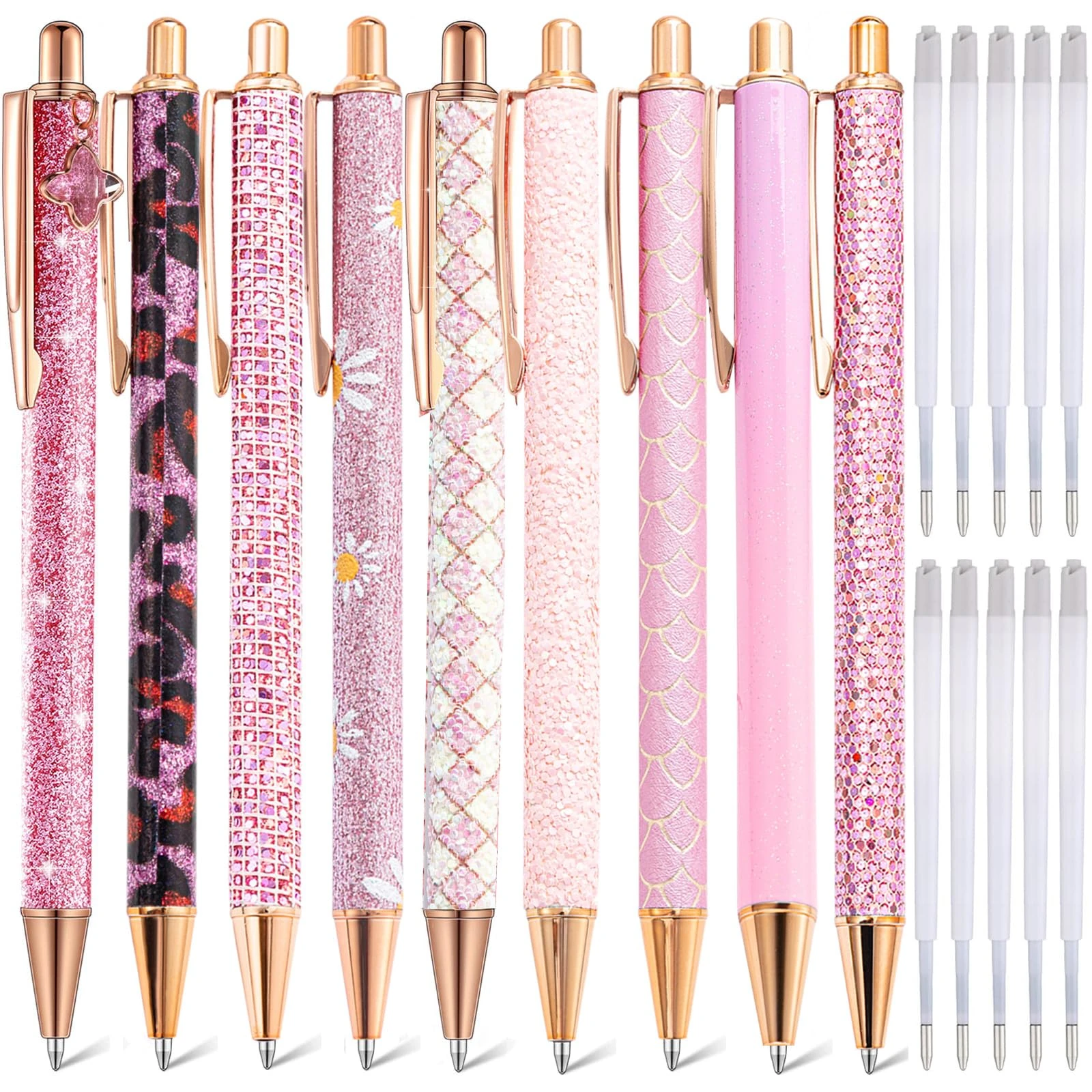 mumrap 9 Pcs Sparkly Pens for Women Fancy Pens with 10 Pcs Black Ink Refills Glitter Pretty pen sets for Ladies Office School Gifts(Pink)