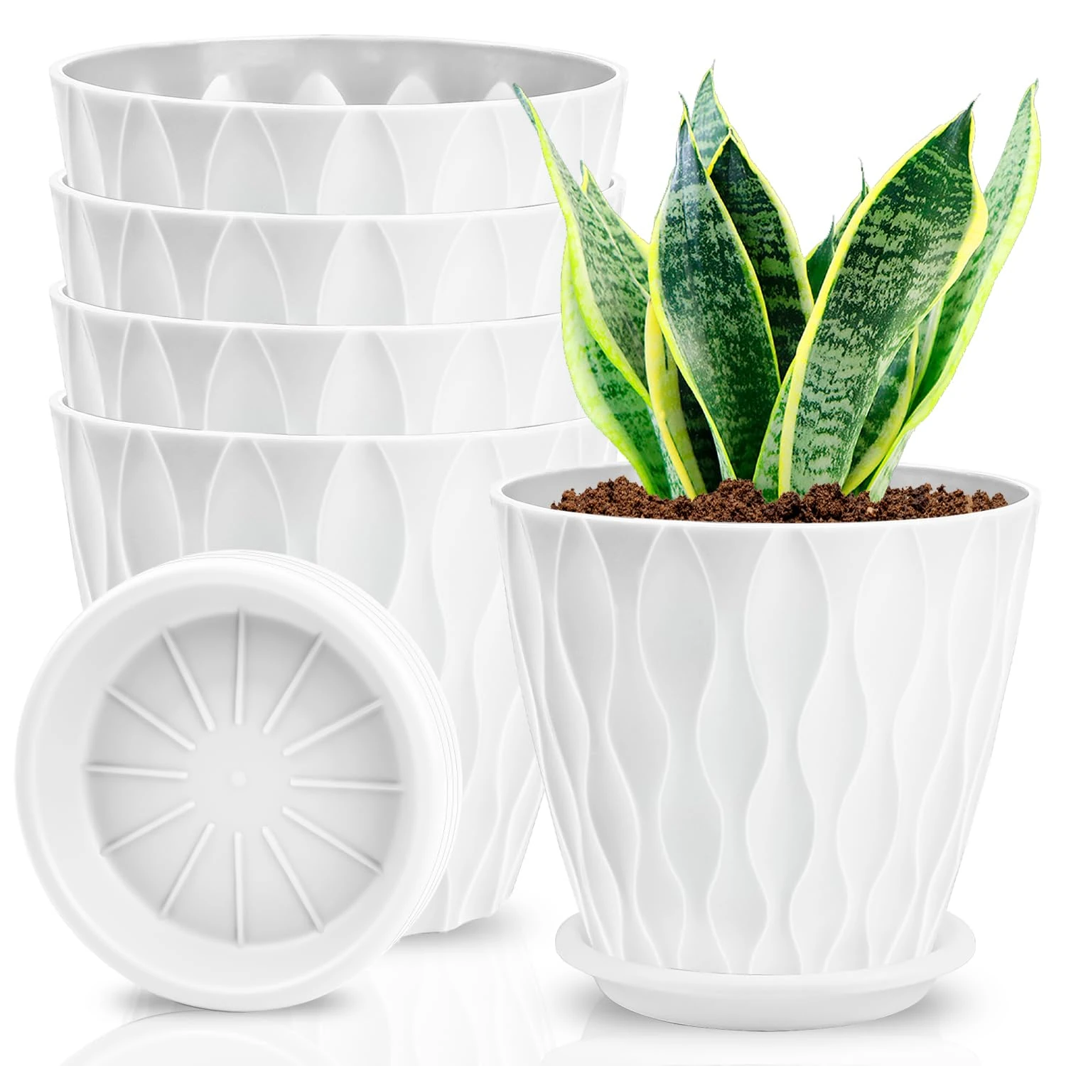 Enenes 5 Pack 15cm Plastic Planters Indoor, Planters with Drainage Hole and Tray, Plastic Flower Pots,Plastic Plant Pots for Decoration,Decorative Round Plant Pots