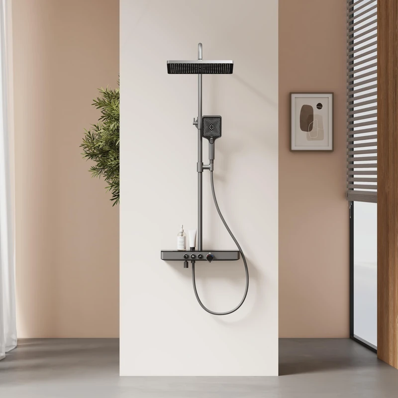 EMKE Shower Column with Thermostatic Mixer, Glass Shelves 45 x 13 cm, Hand Shower, 3 Types of Jets, Rain Shower, Spout, Thermostatic Shower Column, Metal Grey