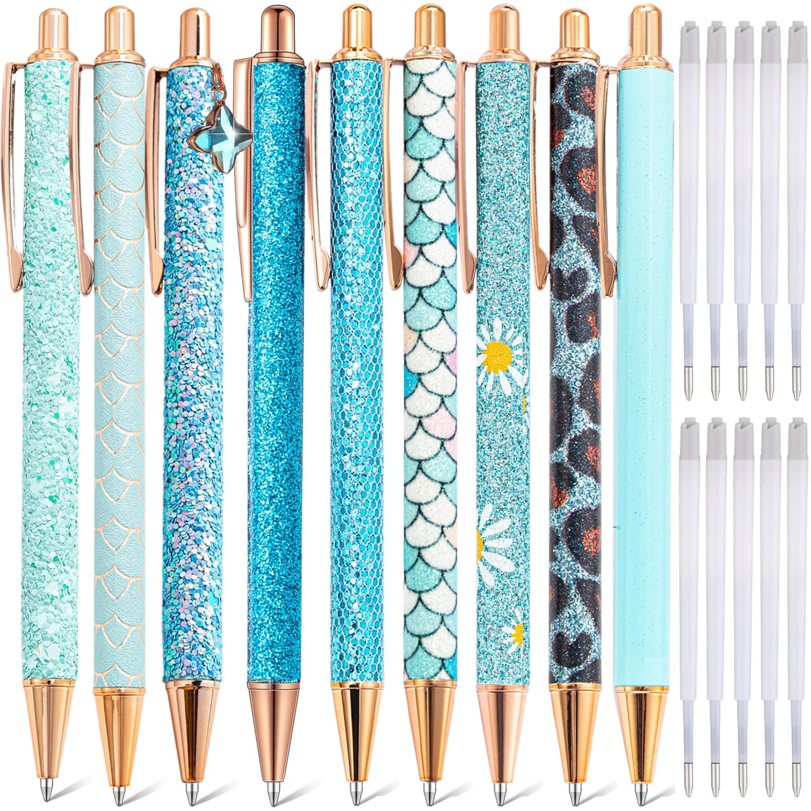 mumrap 9 Pcs Sparkly Pens for Women Fancy Pens with 10 Pcs Black Ink Refills Glitter Pretty pen sets for Ladies Office School Gifts(Blue)