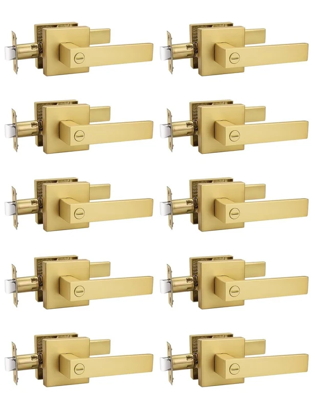 Tinewa 10 Pack Heavy Duty Gold Square Privacy Interior Door Levers Bedroom and Bathroom Door Handles Keyless Bed/Bath Lockset