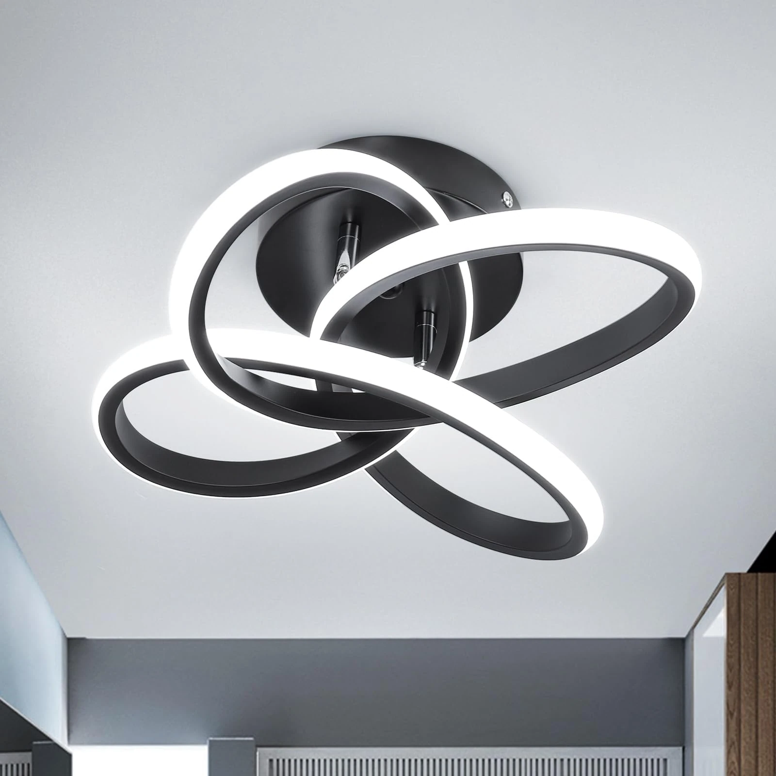 EIDISUNY Led Ceiling Light, Modern Lights, Simple Curved Lamp, Black Lighting Fixture for Hallway, Bedroom, Living Room, Entryway, Balcony, Stair - 26W Cold White Light 6000K