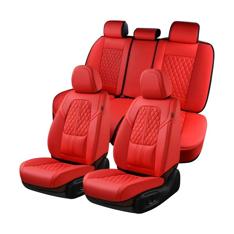 Coverado Car Seat Covers Full Set, 5 Seats Front Seat Cover and Back Seat Covers for Cars, Automotive Seat Covers with Lumbar Support, Leather Waterproof Car Seat Protectors Universal for Cars Red