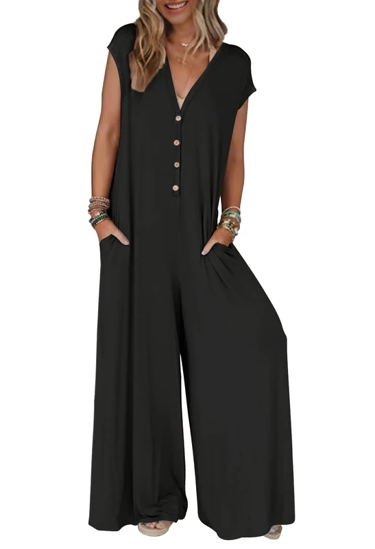 Merokeety Women's 2024 Summer Cap Sleeve Jumpsuits Deep V Neck Button Onesie Wide Leg Pants Rompers, Black, XL