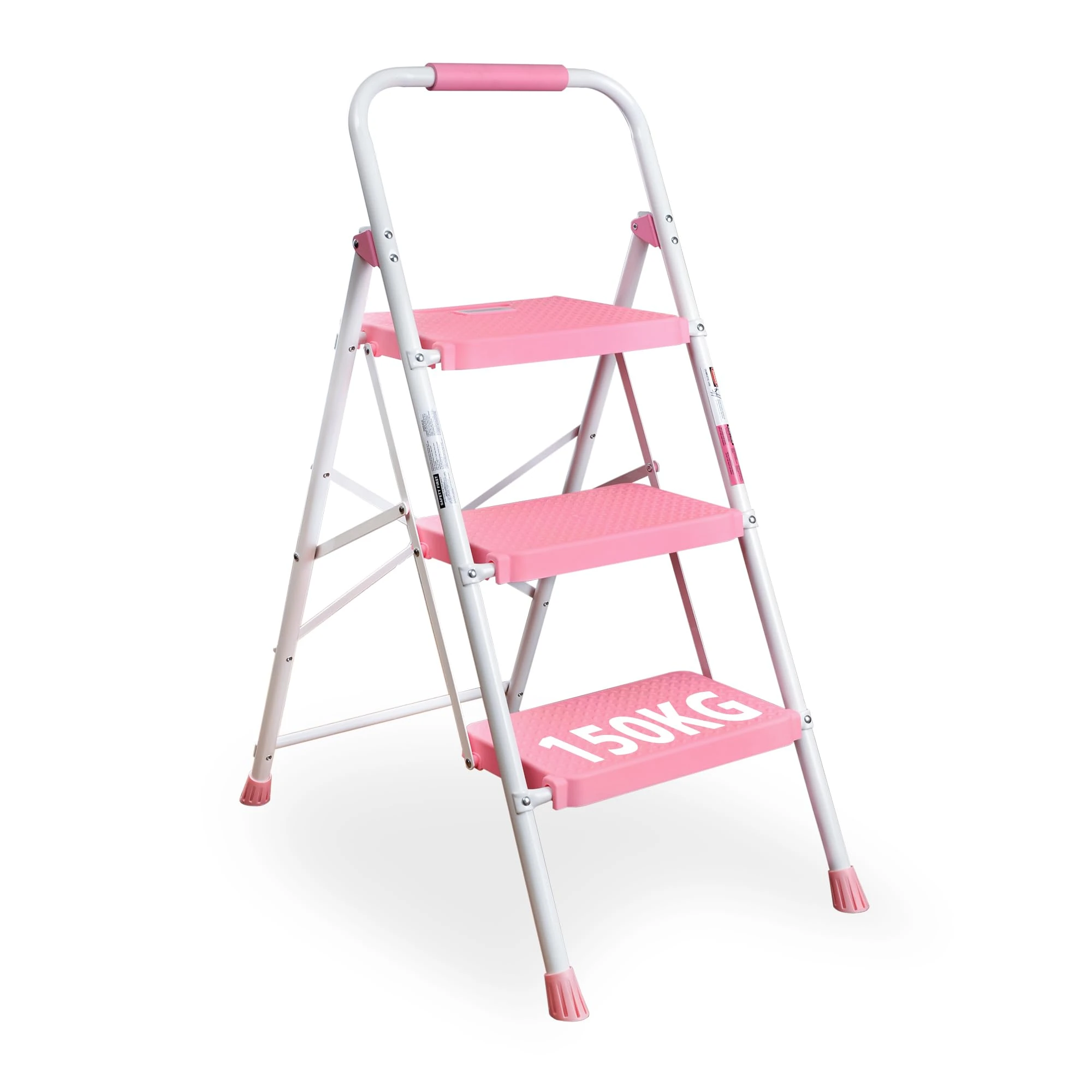 BONTEC 3 Step Ladder, Capacity 150KG with Wide Anti-Slip Pedals, Folding Steel Step Stool, Sponge Handlebar, Lightweight Portable Ladder Suitable for Home, Kitchen, Pantry, Indoor/Outdoor Use, Pink