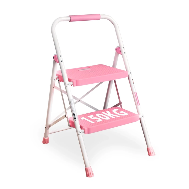 BONTEC 2 Step Ladder, Capacity 150KG with Wide Anti-Slip Pedals, Folding Steel Step Stool, Sponge Handlebar, Lightweight Portable Ladder Suitable for Home, Kitchen, Pantry, Indoor/Outdoor Use, Pink