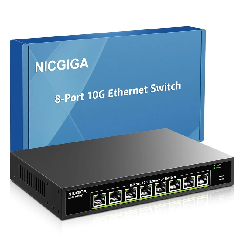 8 Port 10G Ethernet Switch Unmanaged,with 8x 10Gb Base-T Ports, NICGIGA 10Gbps Network Switch Easy for 10G NAS,PC,WiFi7 Router,10G Adapter/NIC. Desktop or 19-inch Rack Mount, Plug and Play.