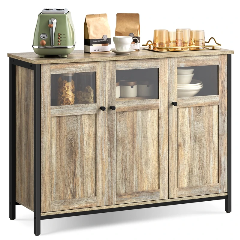 VASAGLE Sideboard, Buffet Table, Storage Cabinet with Glass Doors, Dining Room, Living Room, Hallway, Kitchen, Steel Frame, Industrial Style, Turquoise Brown and Ink Black LSC099B60