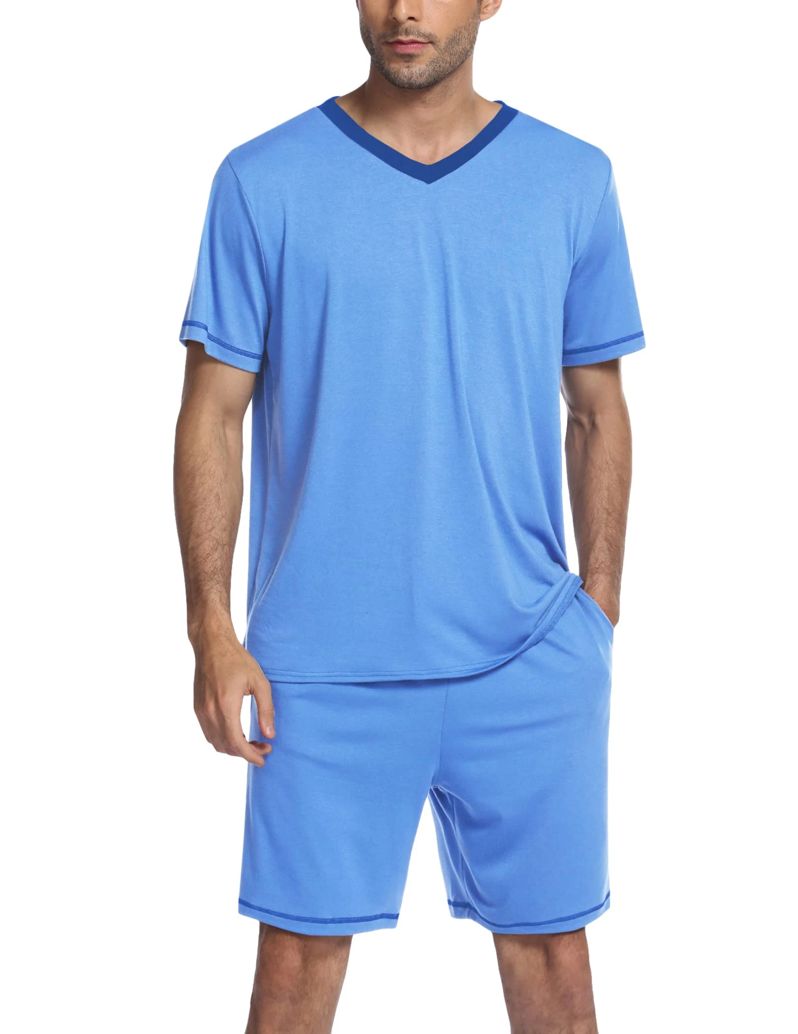 Ekouaer Mens Pajama Set Short Sleeve V Neck 2 Piece Nightwear Shorts With Pockets Summer Sleepwear PJS for Men Light Blue S