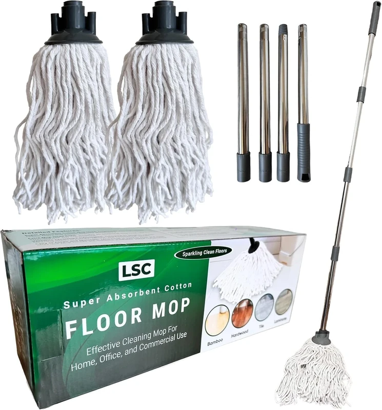 LSC Cotton Floor Mops Looped String Mop with 120cm Long Stainless Steel Handle Extra Replacement Mop Head Scratch-Free Absorbent Classic for Tile Wood Floor Kitchen Bathroom