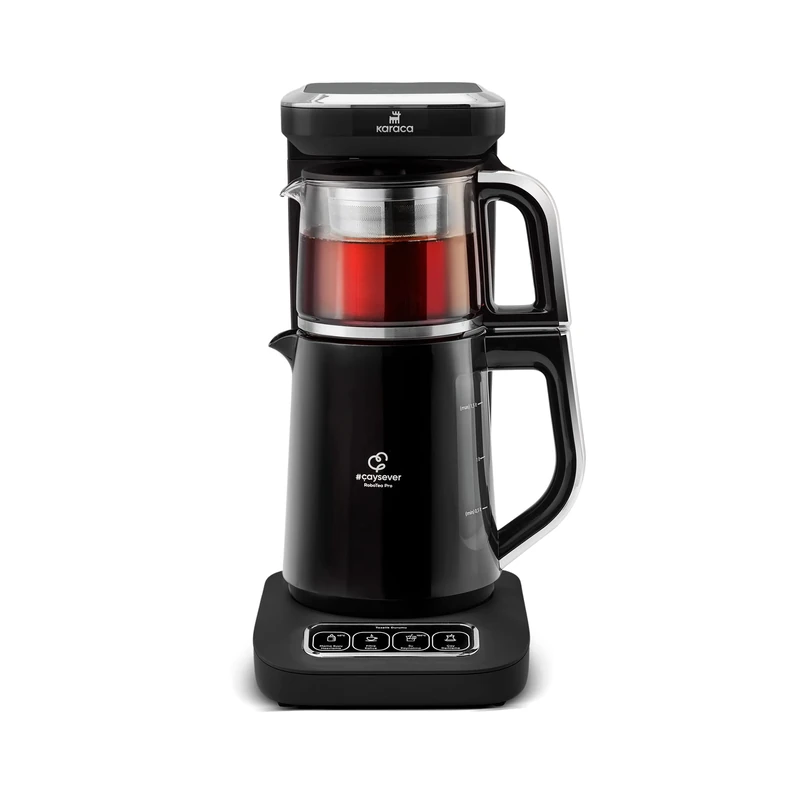 KARACA Caysever Robotea Pro 2.3L Tea Maker & Filter Coffee Machine, Smart Electric Kettle & Glass Teapot, Talking Automatic Turkish Teapot, 2500W, Black & Chrome