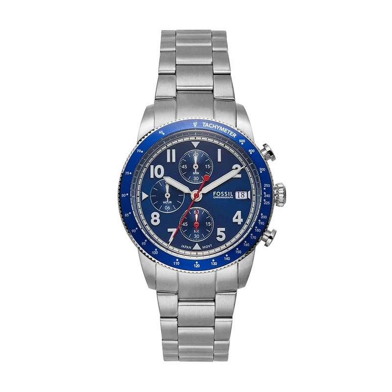 FOSSIL Sport Tourer Watch for Men, Chronograph Movement with Stainless Steel or Leather Strap,Blue,42 mm