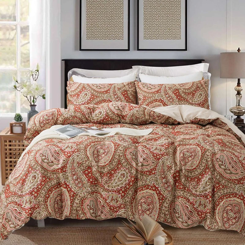 Zusbest Burgundy Duvet Cover Set King Size 100% Percale Cotton Red Beige Paisley Comforter Cover Toile Printed Bedding Luxury Crisp Soft Reversible Floral Bedding 3Pcs, King