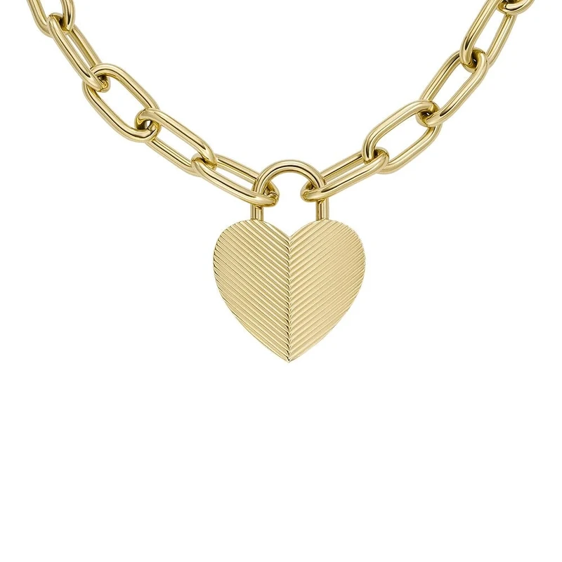 Fossil Women's Harlow Linear Texture Heart Gold-Tone Stainless Steel Pendant Necklace, JF04656710