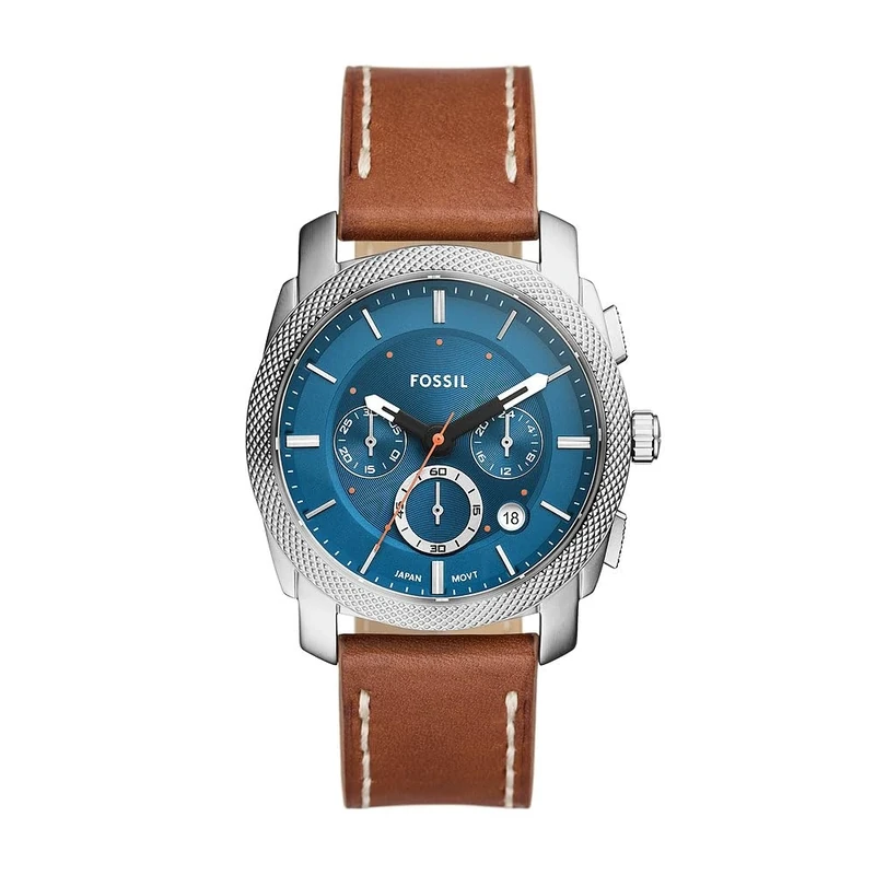 FOSSIL Machine Watch for Men, Chronograph movement with Stainless steel or Leather strap, Brown and Blue, 42 mm