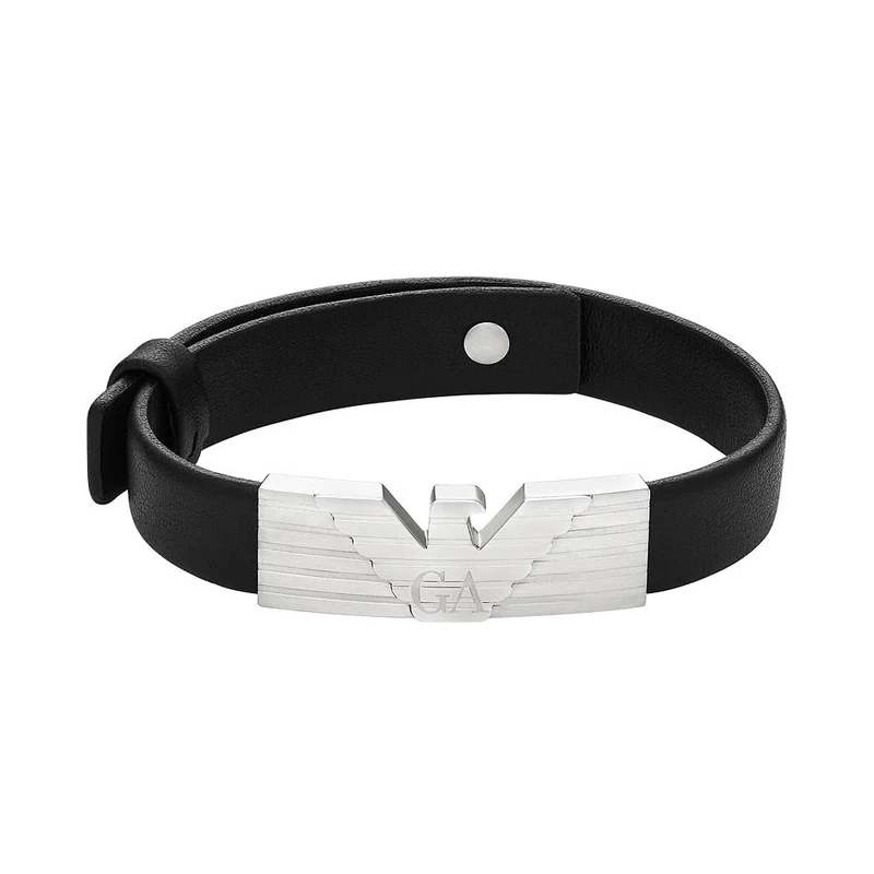 Emporio Armani Men's Stainless Steel and Black Leather Strap ID Bracelet, EGS3075040
