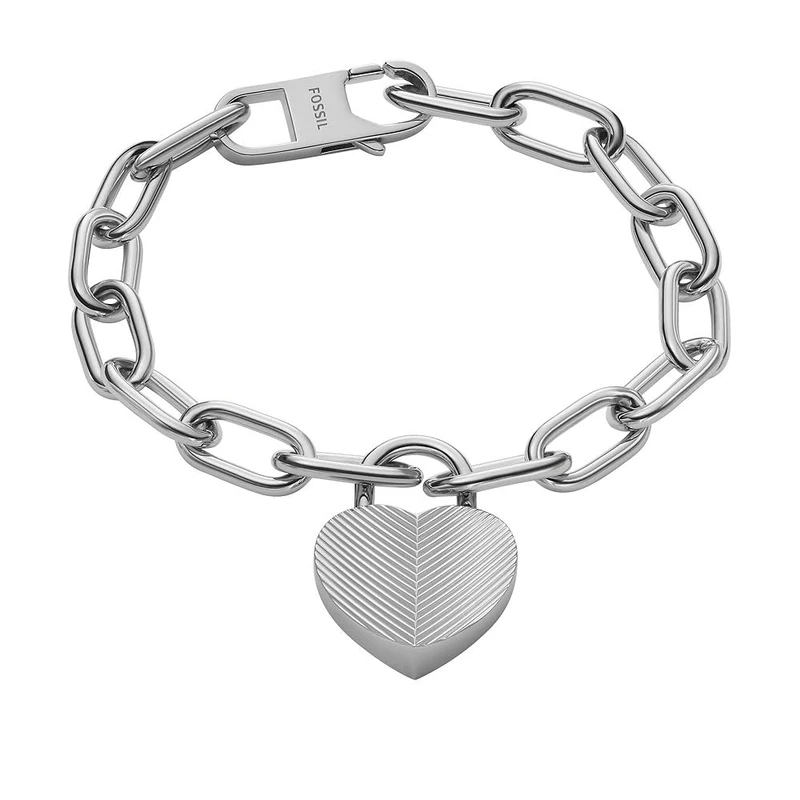 Fossil Women's Harlow Linear Texture Heart Stainless Steel Station Bracelet, JF04659040