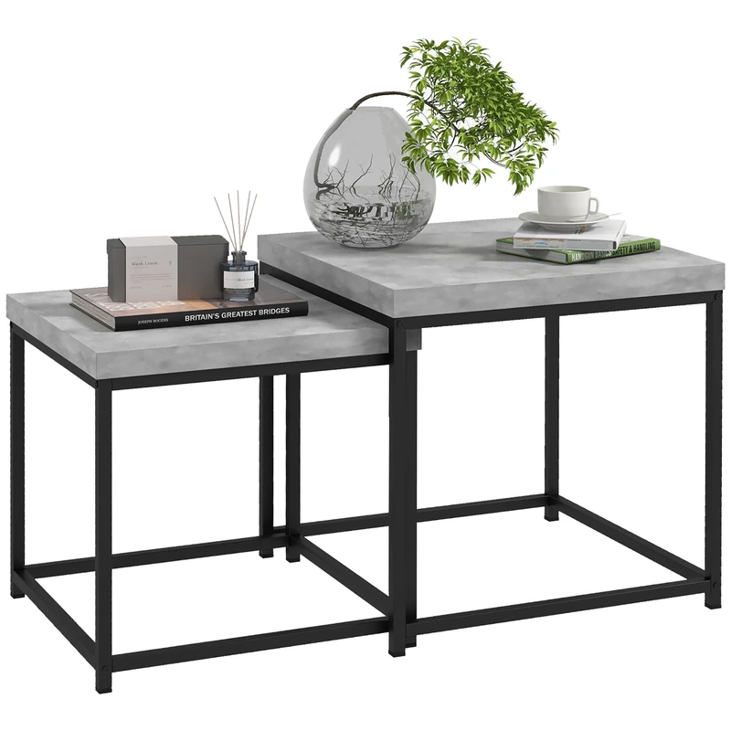 HOMCOM Set of 2 Nest of Tables Square Coffee Tables Living Room Tables Steel Frame and Grey Wooden Tops