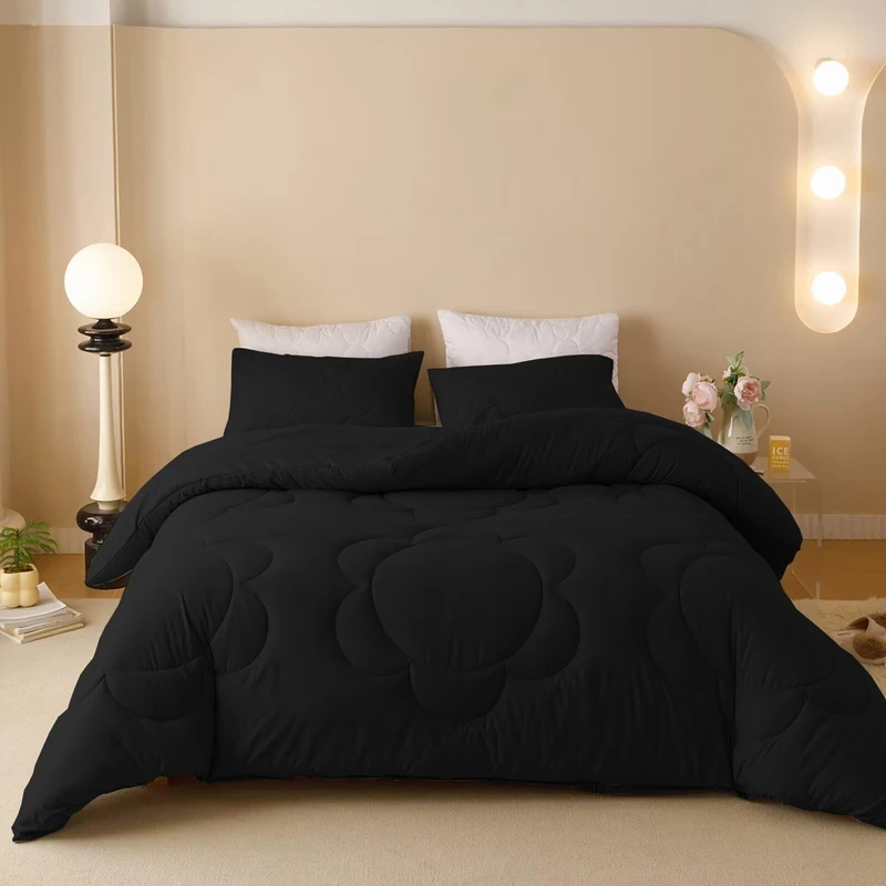 Luxlovery Black Sunflower Comforter Set Queen All Black Bedding Set Queen Size Big Flower Botanical Bohemian Farmhouse Comforter Set Women Men