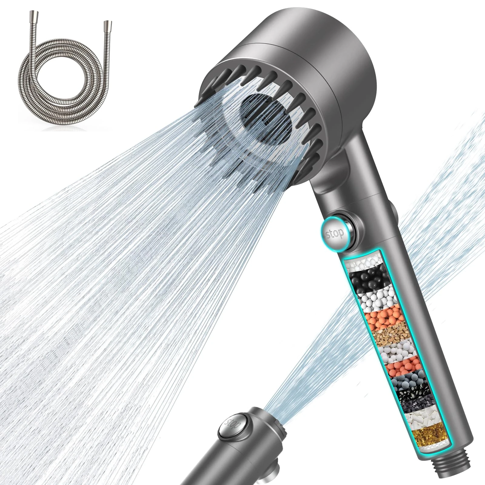 MEKO Hard Water Filter Shower Head with 15 Stage Filter, 3+1 Spray Jet Modes High Pressure Shower Head and 1.5m Hose, Handheld Massage Shower Filter for Residual Chlorine Remove (Grey)