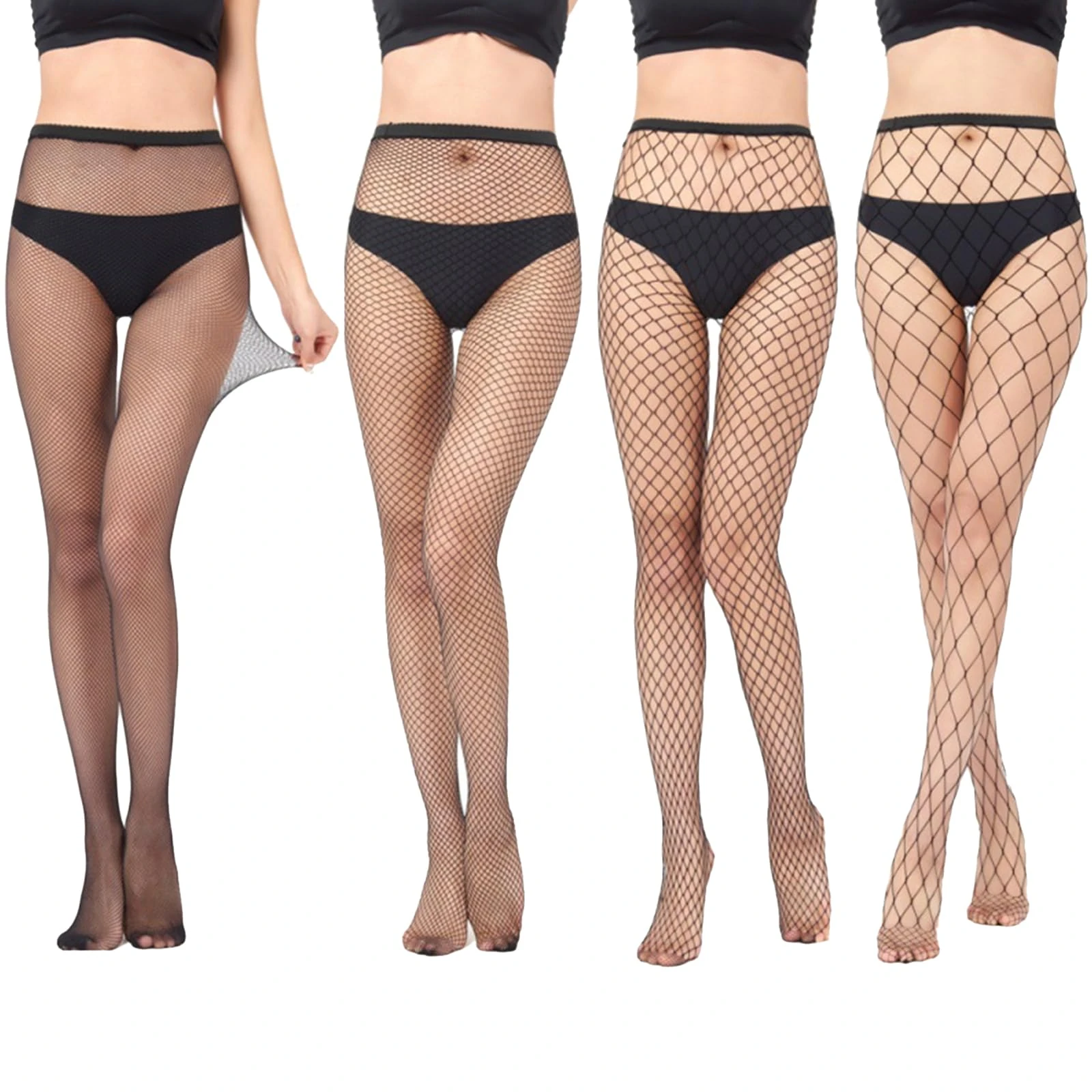 Leogony 4 Pairs Black Fishnet Tights Womens, Different Style Fish Net Stockings for Women（One Size Fits All）