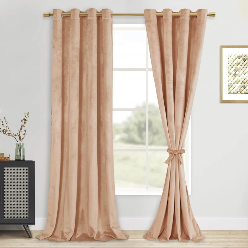 DWCN Extra Long Velvet Curtains - Luxury Tieable Room Darkening Grommet Curtains & Drapes Warm Soft Texture Privacy Noise Absorb Drapes for Bedroom/Living Room Decor W52 x L108, 2 Panels, Blush Beige