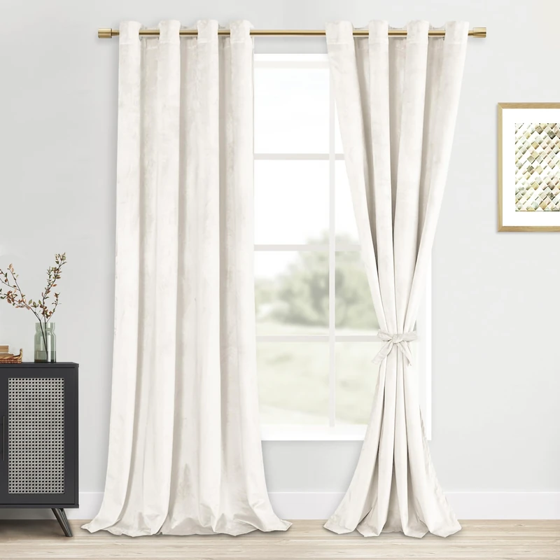 DWCN Ivory Velvet Curtains 96 inches Long - Elegant Thermal Insulated Noise Absorb Tieable Grommet Curtains Warm Soft Texture Privacy Drapes for Bedroom/Living Room/Farmhouse Style W52 x L96, 1 Pair