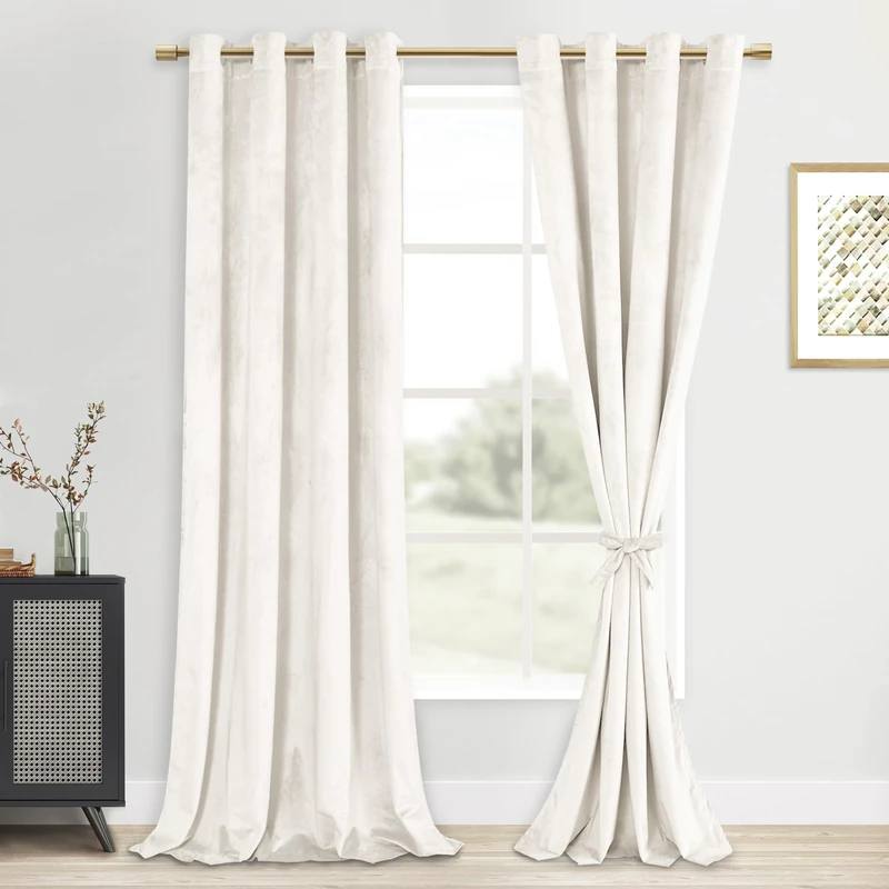 DWCN Ivory Velvet Curtains 108 inches Long - Room Darkening Noise Absorb Tieable Grommet Curtains & Drapes Warm Soft Texture Privacy Drapes for Bedroom/Living Room W52 x L108, Set of 2