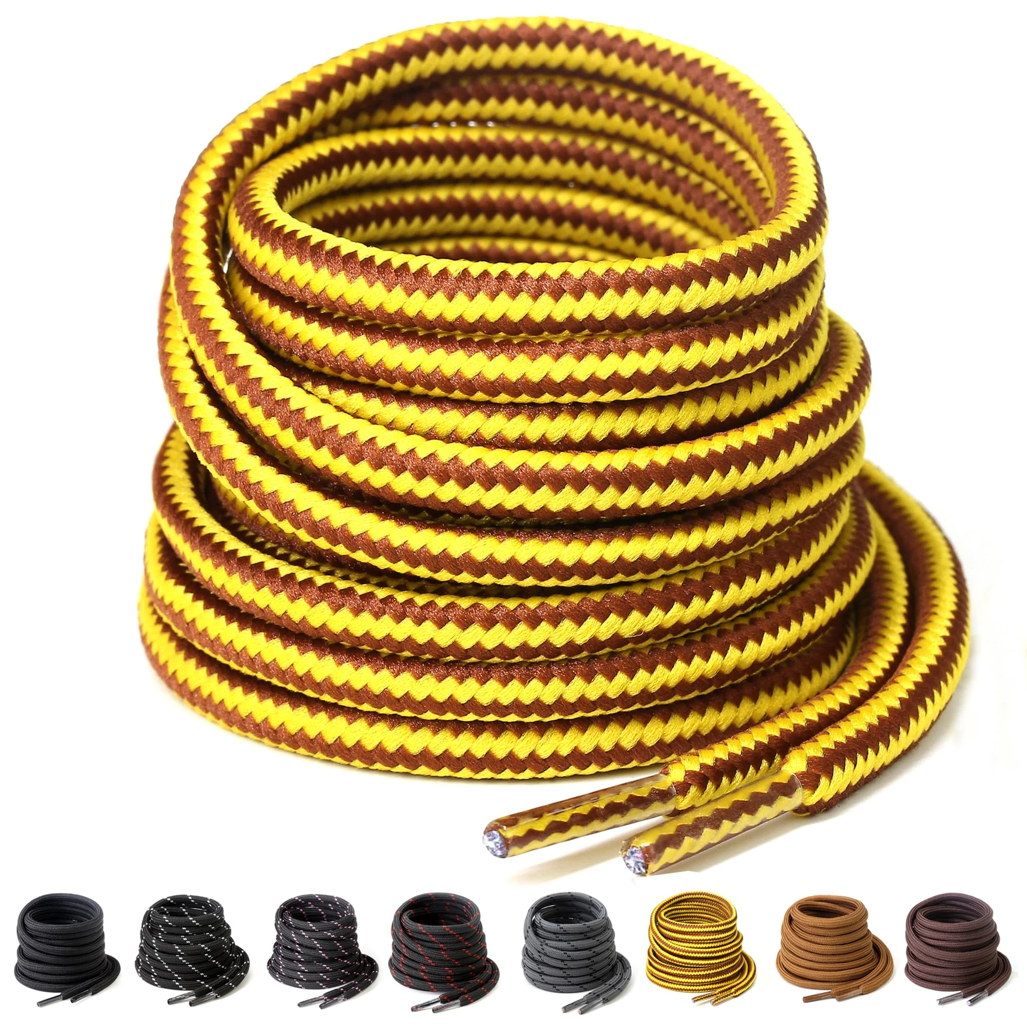 Yusimu Yellow Brown Round Strong Boot Laces,Heavy Duty Shoelaces for Work Boots,Trainers,Walking,and Hiking Shoes,Durable 4.5 mm Thick Replacement Strings 60" (151cm)-1 Pair
