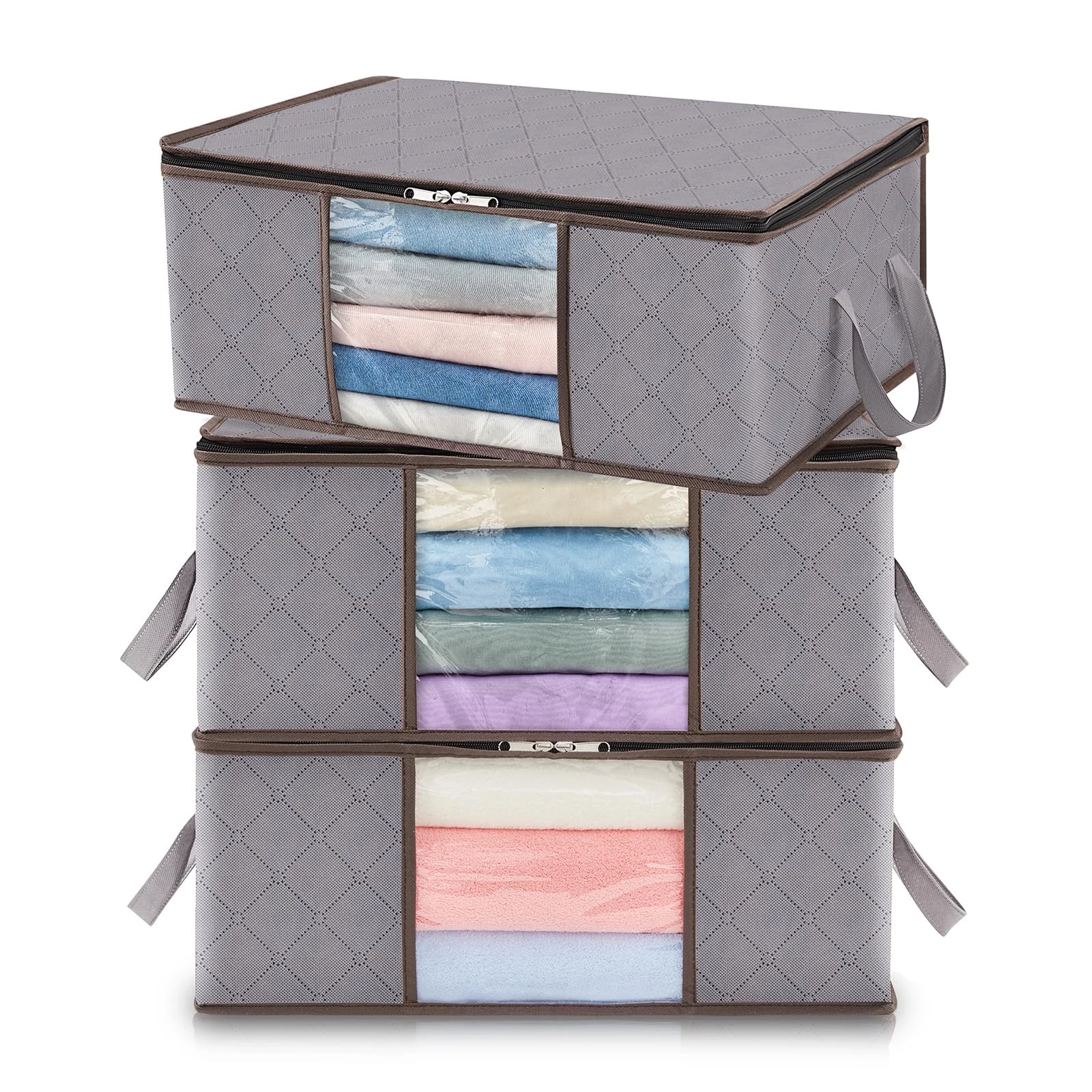 Lifewit 3 Pack Clothes Storage Bag Foldable Storage Boxes with Lids Underbed Wardrobe Storage Organiser with Sturdy Fabric Clear Window for Clothing Bedding Sweaters T-shirts Blankets, 35L, Light Gray