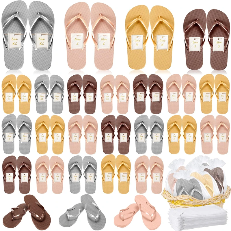 Unittype 24 Pairs Flip Flops Bulk for Wedding Guest Slippers Wedding Flip Flops with Cards Bags for Pool Beach Party, Brown, Rose Gold, Gold, Gray, S,M，L，XL