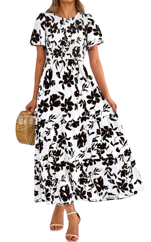 PRETTYGARDEN Women's 2025 Summer Casual Flutter Short Sleeve Boho Floral Maxi Dress Crew Neck Smocked Tiered Long Dresses, Black Flower, L