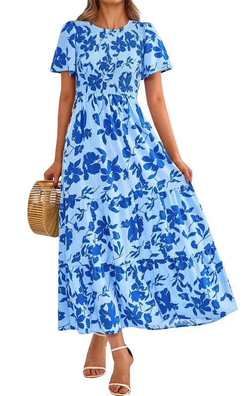 PRETTYGARDEN Women's 2024 Summer Casual Flutter Short Sleeve Boho Floral Maxi Dress Crew Neck Smocked Tiered Long Dresses, X-Blue, XL - Image 1