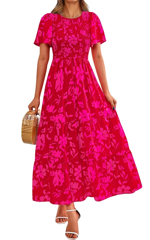 PRETTYGARDEN Women's 2025 Summer Casual Flutter Short Sleeve Boho Floral Maxi Dress Crew Neck Smocked Tiered Long Dresses, X-red, S