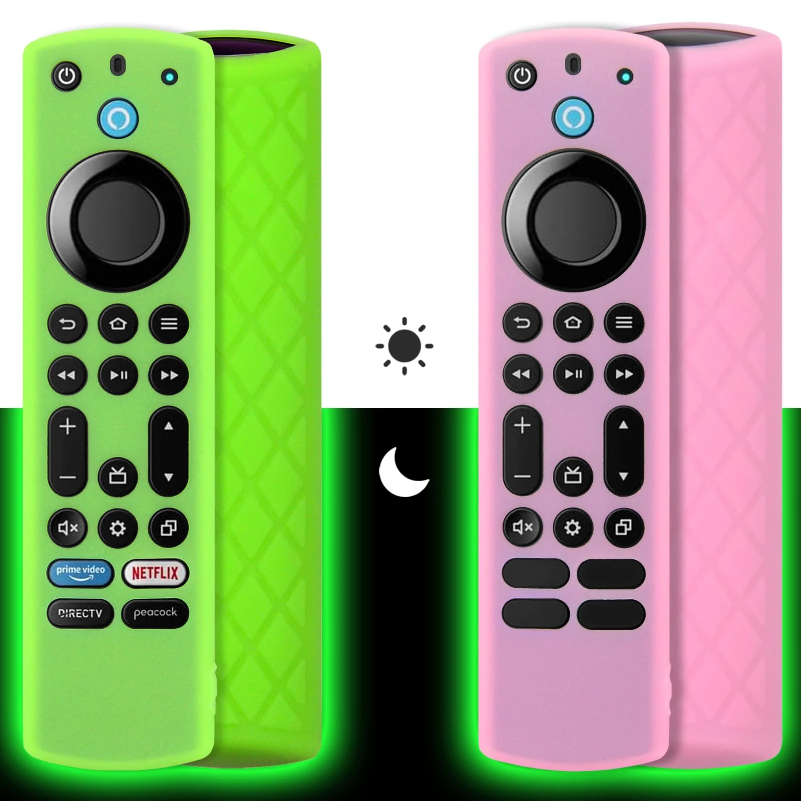 Pinowu Silicone Remote Case (2pcs, Glow in the Dark) for Firestick 4K Max/Hisense/Toshiba/Insignia/Pioneer/Omni (QLED) Series Alexa Voice Remote Enhanced w/Lanyard (Green + Pink)