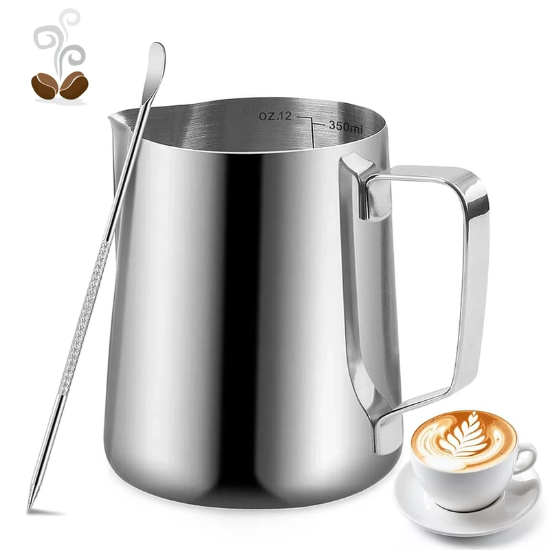 Milk Frothing Pitcher, 350ml/12oz Milk Jug for Coffee Machine, Stainless Steel Pitcher with Measurement Mark and Decorating Pen for Making Latte Art and Cappuccino, Suitable for Coffee Lovers, Silvery