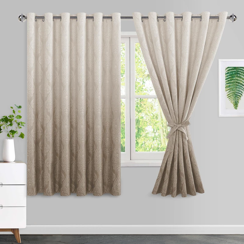 JIUZHEN Ombre Blackout Curtains for Bedroom - Damask Patterned Thermal Insulated Energy Saving Grommet Curtains for Living Room, Gradient Window Curtain Panels, Set of 2, 70 x 63 Inches Long, Taupe