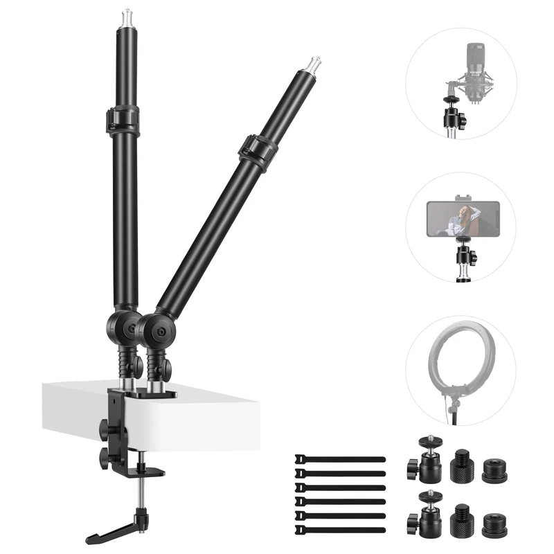 NEEWER Upgraded C Clamp Desk Mount for Dual Mount Stand, 225° Tilt & 360° Swivel Telescopic 17.7"-24.8" Desktop Webcam Stand for DSLRs Overhead Photography Ring Light