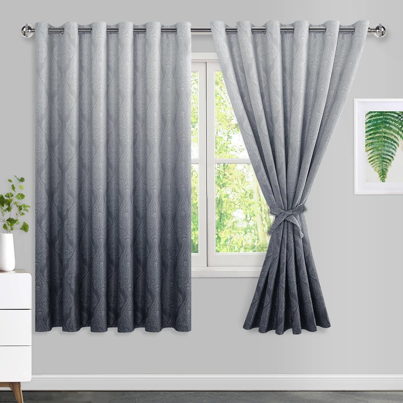 JIUZHEN Ombre Blackout Curtains for Bedroom - Damask Patterned Thermal Insulated Energy Saving Grommet Curtains for Living Room, Gradient Window Curtain Panels, Set of 2, 70 x 63 Inches Long, Grey