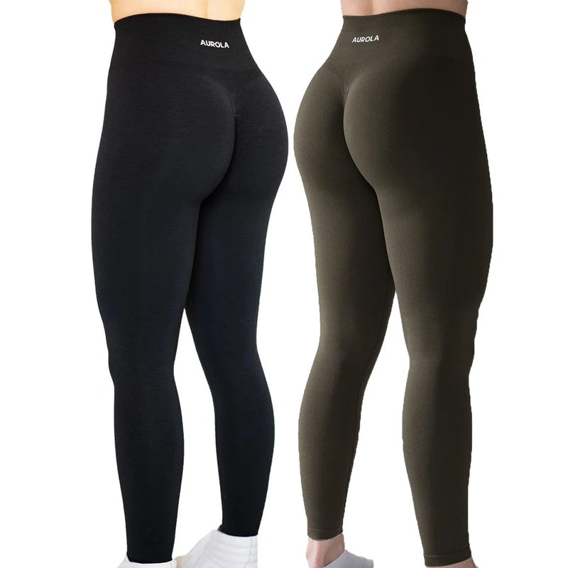 AUROLA Workout Leggings for Women Seamless Scrunch Tights Tummy Control Gym Fitness Girl Sport Active Yoga Pants, Set (Black+Dark Olive), Large - Image 1
