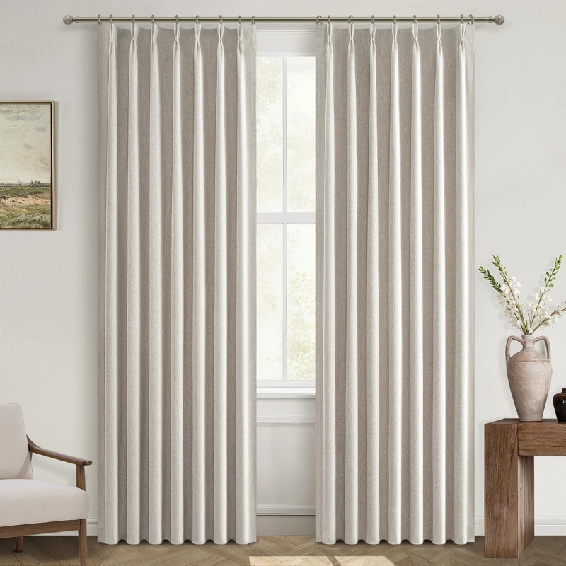 Natural Linen Pinch Pleated Blackout Curtains & Drapes 96 Inch Long Bedroom/Livingroom Farmhouse Curtains 2 Panel Sets, Neutral Track Room Darkening Thermal Insulated 8ft Back Tab Window Curtain