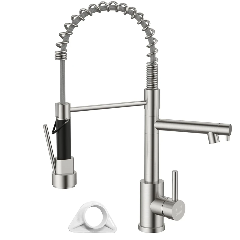 DAYONE 360° Swivel Pull Down Kitchen Sink Tap with Two Spouts, SUS304 Stainless Steel Commercial Kitchen Faucet, Brushed