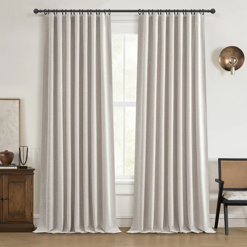 QJmydeco Black Out 96 Inch Long Boho Curtains 2 Panel Set, Farmhouse Curtains for Living Room Darkening/Thermal/Noise Reduction Textured Flax Linen Drape 8ft Hook&Ring Included Birch Off White 50"x96"